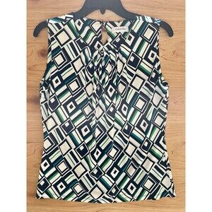 Calvin Klein Blouse Womens Size 38” Bust Green And White Geometric Print